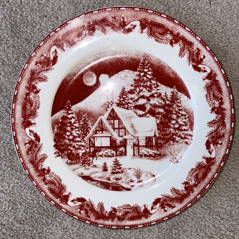 Vintage Gibson Christmas Snow Village Red /White China Dishes!